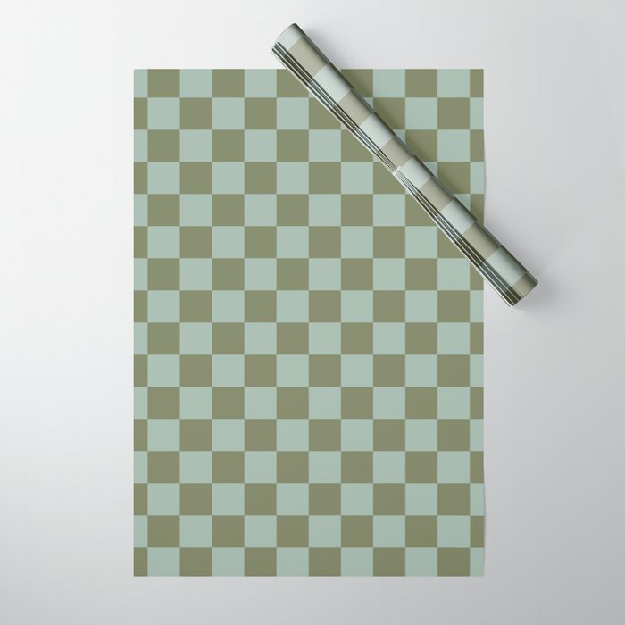 Checkerboard Check Checked Pattern in Vintage Olive Green and Pale Celadon Teal Blue Wrapping Paper Gallery Image 1