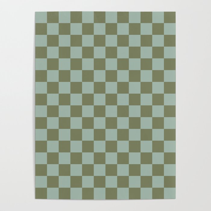 Checkerboard Check Checked Pattern in Vintage Olive Green and Pale Celadon Teal Blue Poster Gallery Image 4