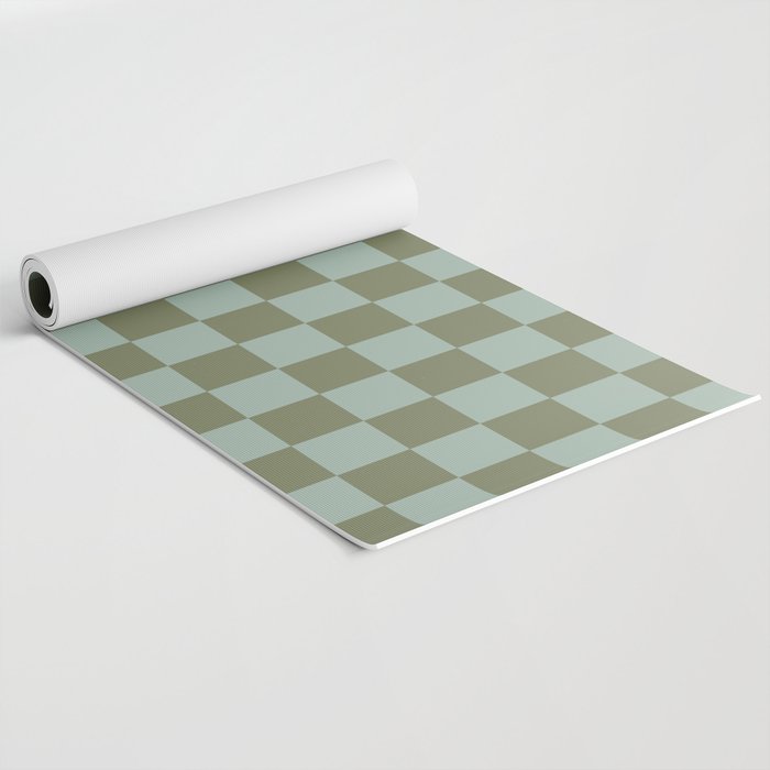 Checkerboard Check Checked Pattern in Vintage Olive Green and Pale Celadon Teal Blue Yoga Mat Gallery Image 2