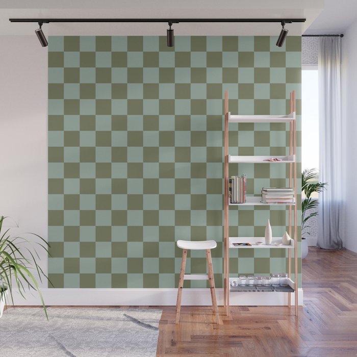Checkerboard Check Checked Pattern in Vintage Olive Green and Pale Celadon Teal Blue Wall Mural Gallery Image 1
