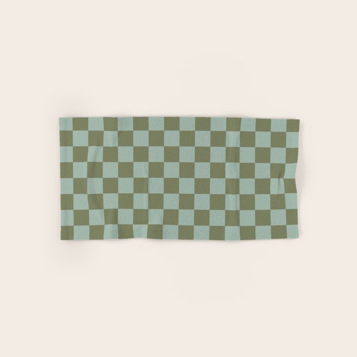 Checkerboard Check Checked Pattern in Vintage Olive Green and Pale Celadon Teal Blue Bath Towel Gallery Image 1
