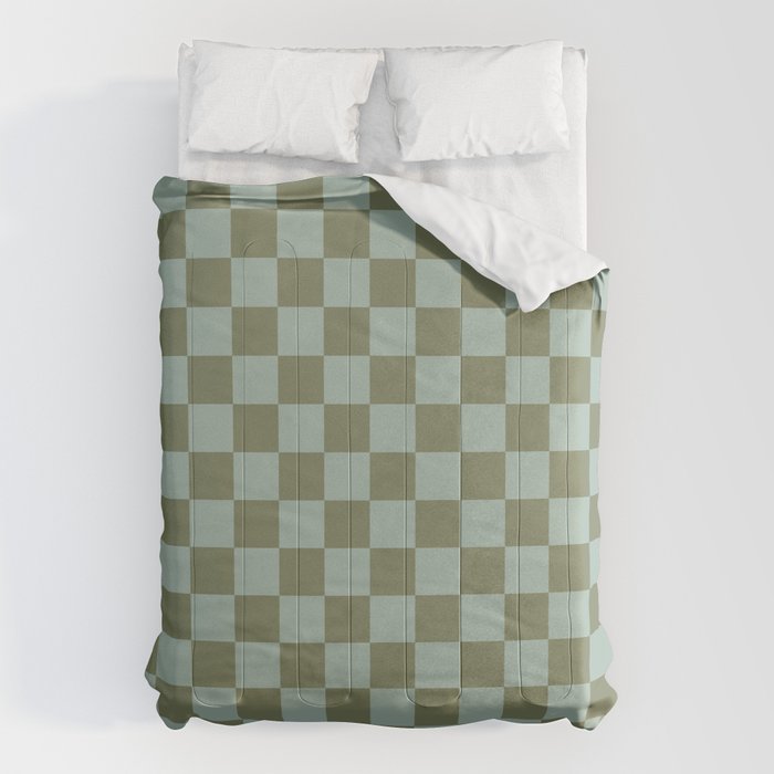 Checkerboard Check Checked Pattern in Vintage Olive Green and Pale Celadon Teal Blue Comforter Gallery Image 6