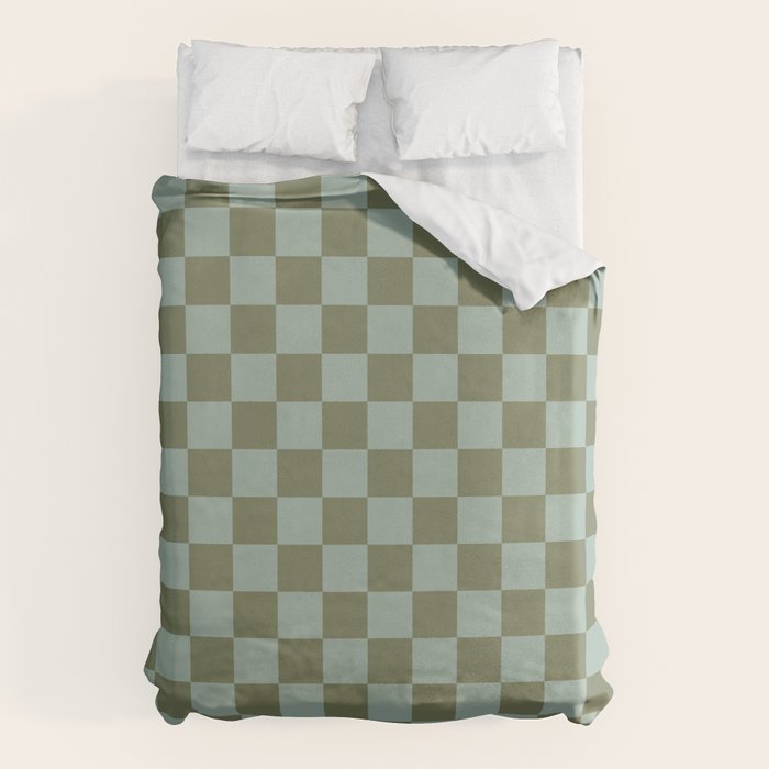 Checkerboard Check Checked Pattern in Vintage Olive Green and Pale Celadon Teal Blue Duvet Cover Gallery Image 6