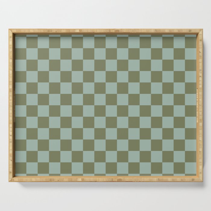 Checkerboard Check Checked Pattern in Vintage Olive Green and Pale Celadon Teal Blue Serving Tray Gallery Image 1