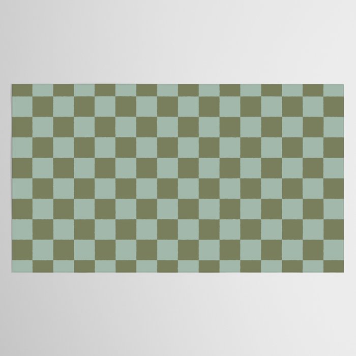 Checkerboard Check Checked Pattern in Vintage Olive Green and Pale Celadon Teal Blue Tablecloth Gallery Image 2