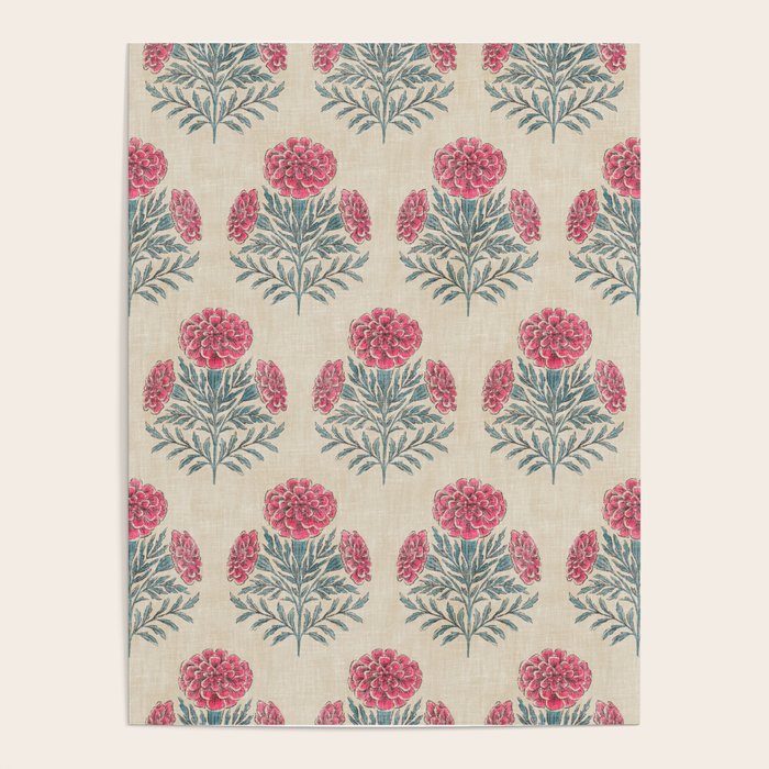 Marigold - pink and teal on linen Poster Gallery Image 1