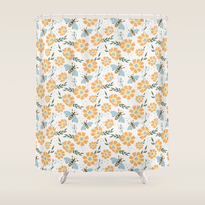 Honey Bees and Orange Flowers Shower Curtain Gallery Image 1