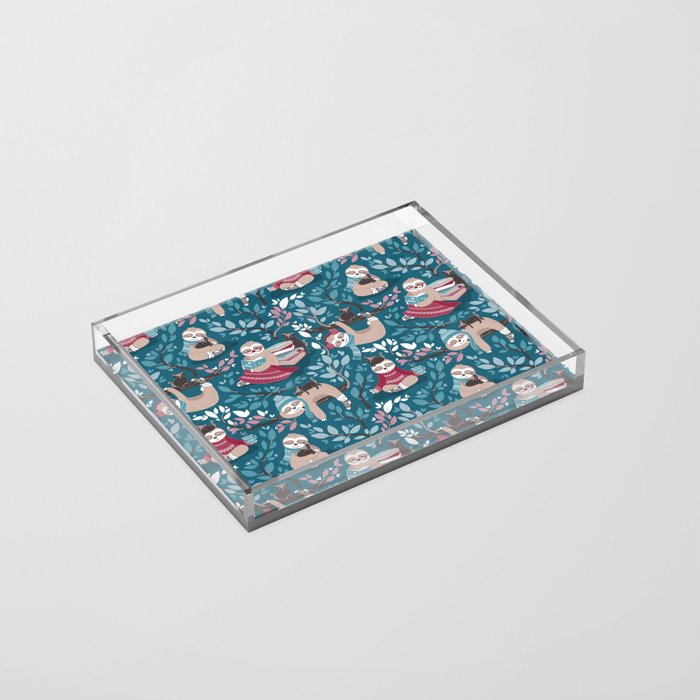Hygge sloth // turquoise and red Acrylic Tray Gallery Image 2