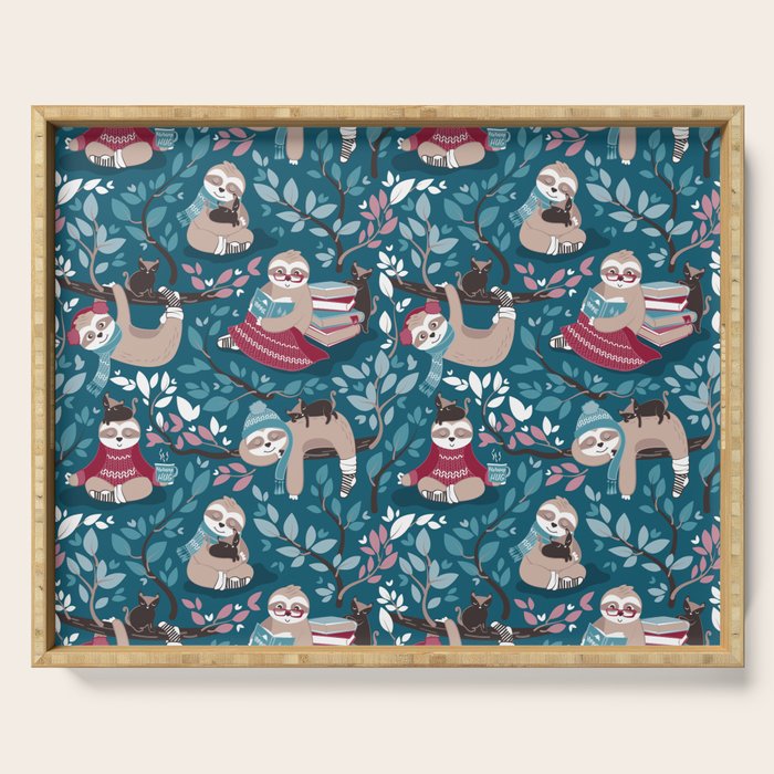 Hygge sloth // turquoise and red Serving Tray Gallery Image 1