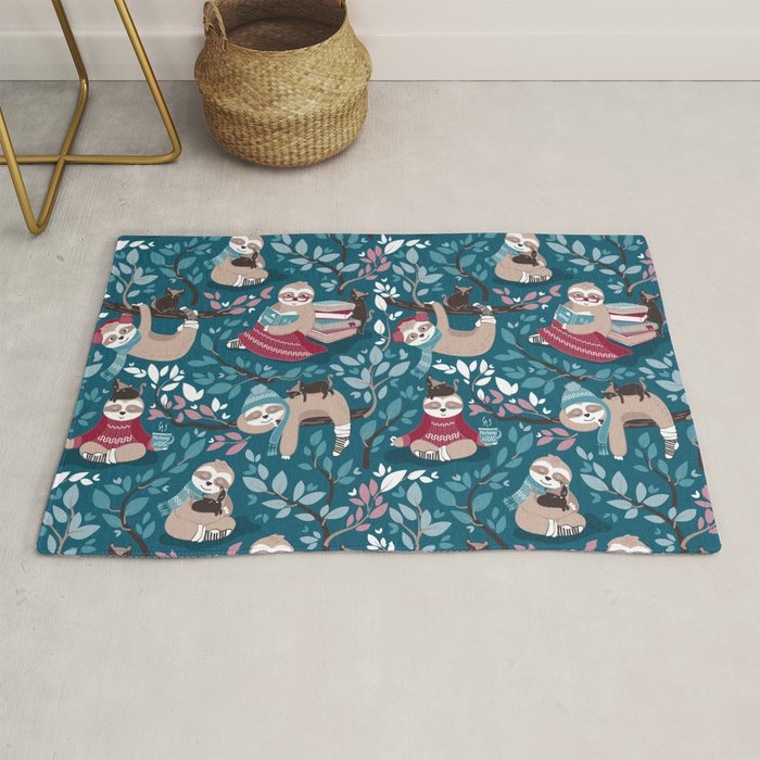 Hygge sloth // turquoise and red Rug Gallery Image 1