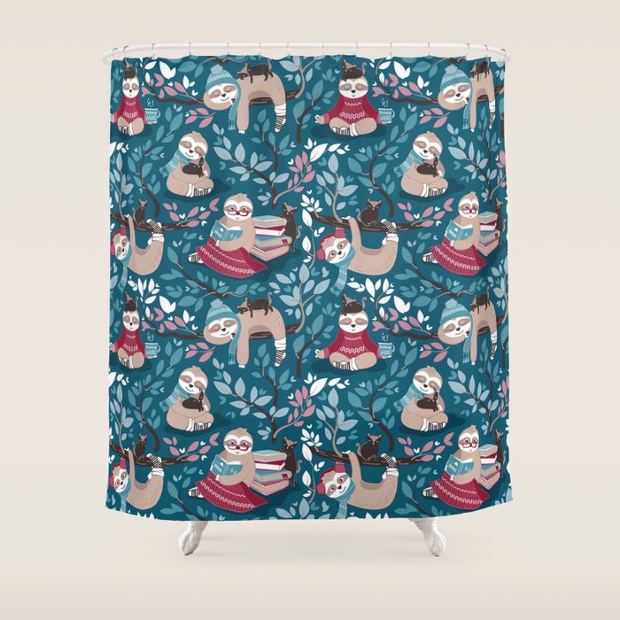Hygge sloth // turquoise and red Shower Curtain Gallery Image 1