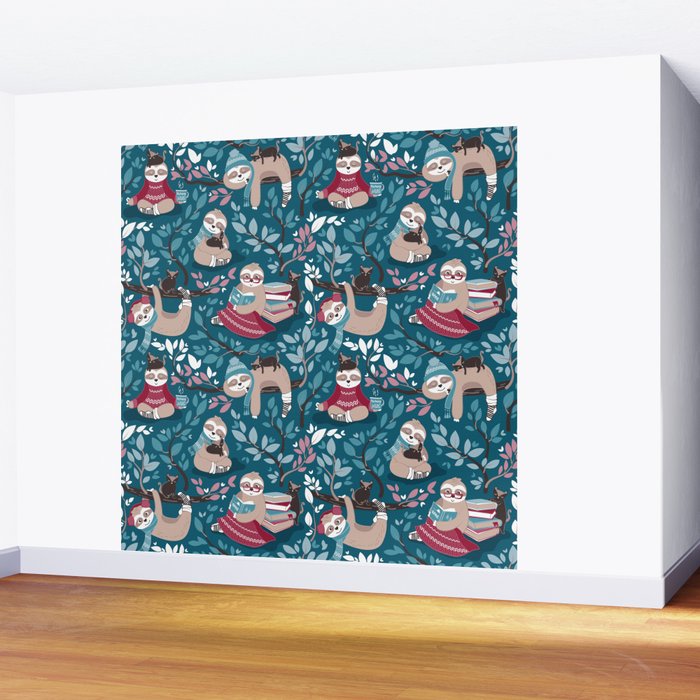 Hygge sloth // turquoise and red Wall Mural Gallery Image 2