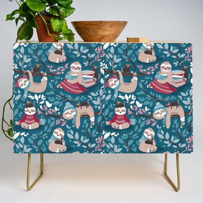 Hygge sloth // turquoise and red Credenza Gallery Image 1