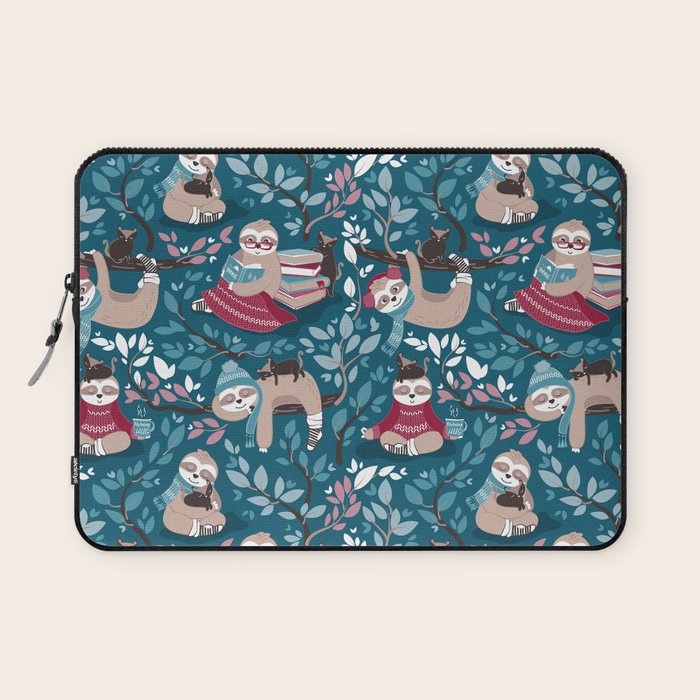 Hygge sloth // turquoise and red Laptop Sleeve Gallery Image 1