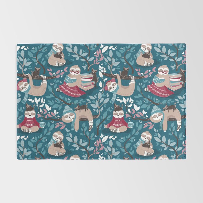 Hygge sloth // turquoise and red Rug Gallery Image 2