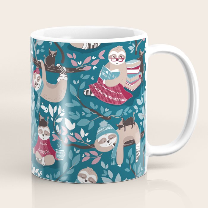 Hygge sloth // turquoise and red Coffee Mug Gallery Image 1
