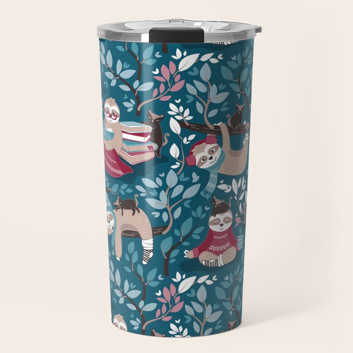 Hygge sloth // turquoise and red Travel Mug Gallery Image 1