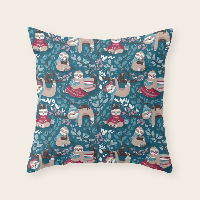 Hygge sloth // turquoise and red Throw Pillow Gallery Image 6