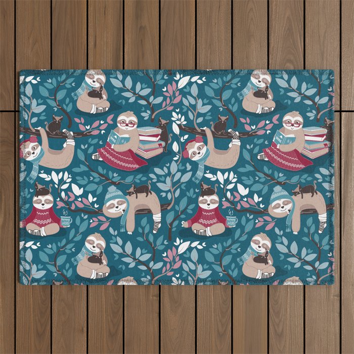 Hygge sloth // turquoise and red Outdoor Rug Gallery Image 1