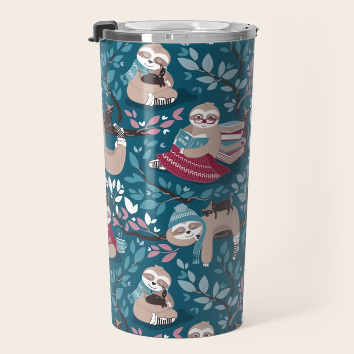 Hygge sloth // turquoise and red Travel Mug Gallery Image 3
