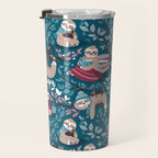 Hygge sloth // turquoise and red Travel Mug Gallery Image 3