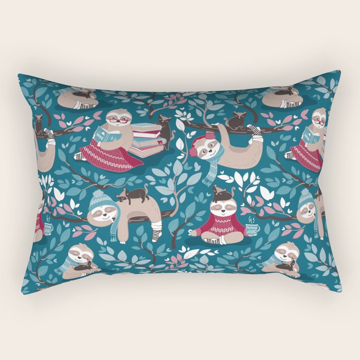 Hygge sloth // turquoise and red Rectangular Pillow Gallery Image 2