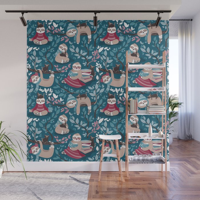 Hygge sloth // turquoise and red Wall Mural Gallery Image 1