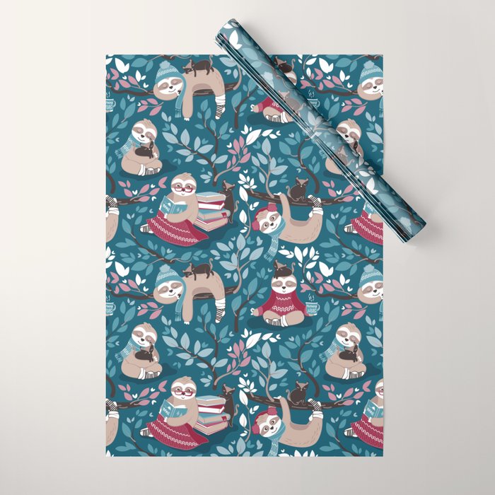 Hygge sloth // turquoise and red Wrapping Paper Gallery Image 1
