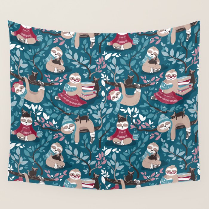 Hygge sloth // turquoise and red Wall Tapestry Gallery Image 1