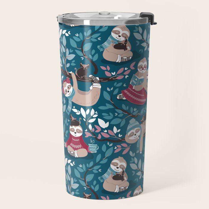 Hygge sloth // turquoise and red Travel Mug Gallery Image 2