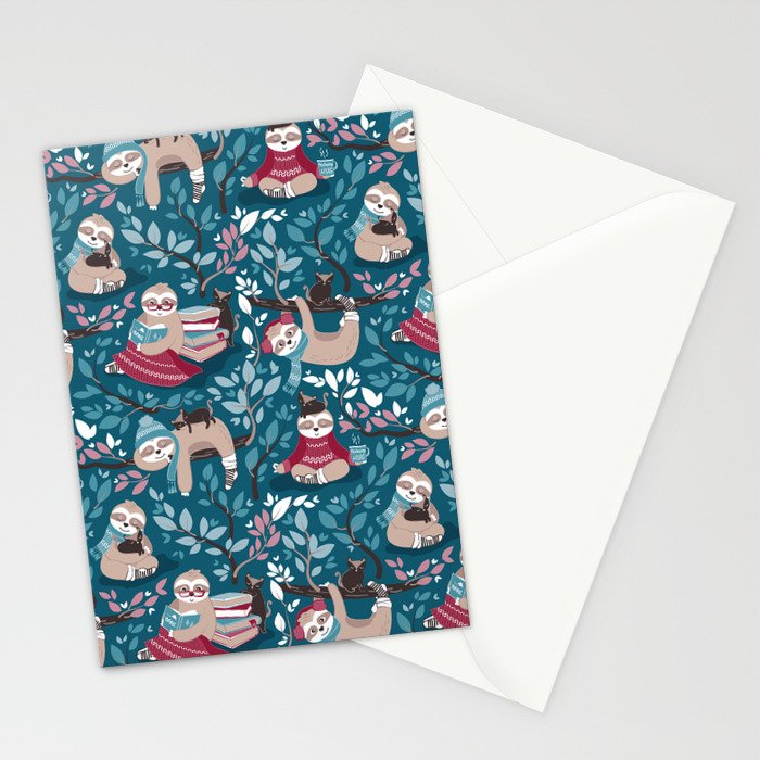 Hygge sloth // turquoise and red Stationery Card Gallery Image 2
