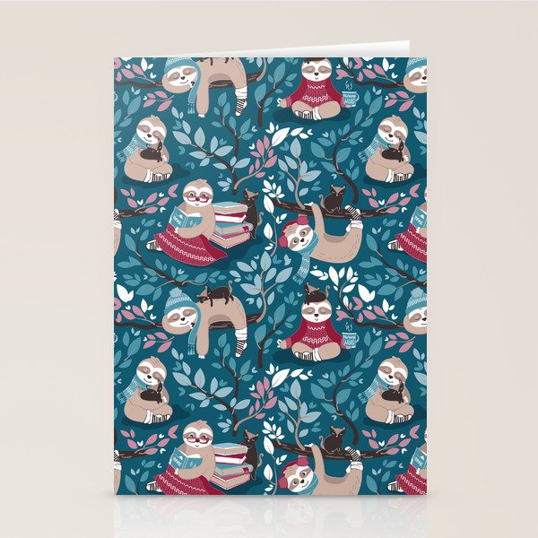 Hygge sloth // turquoise and red Stationery Card Gallery Image 1