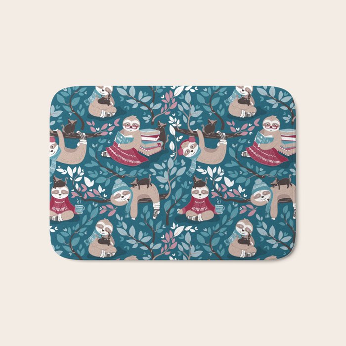 Hygge sloth // turquoise and red Bath Mat Gallery Image 1