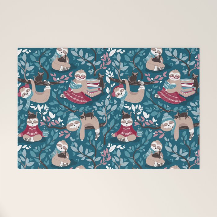 Hygge sloth // turquoise and red Welcome Mat Gallery Image 1