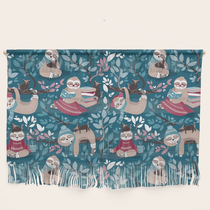 Hygge sloth // turquoise and red Wall Hanging Gallery Image 1