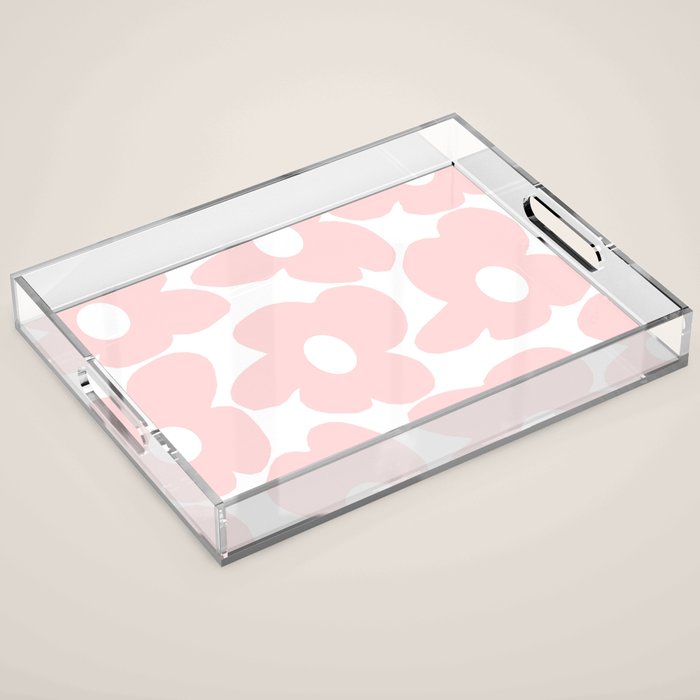 Large Baby Pink Retro Flowers on White Background #decor #society6 #buyart Acrylic Tray Gallery Image 1