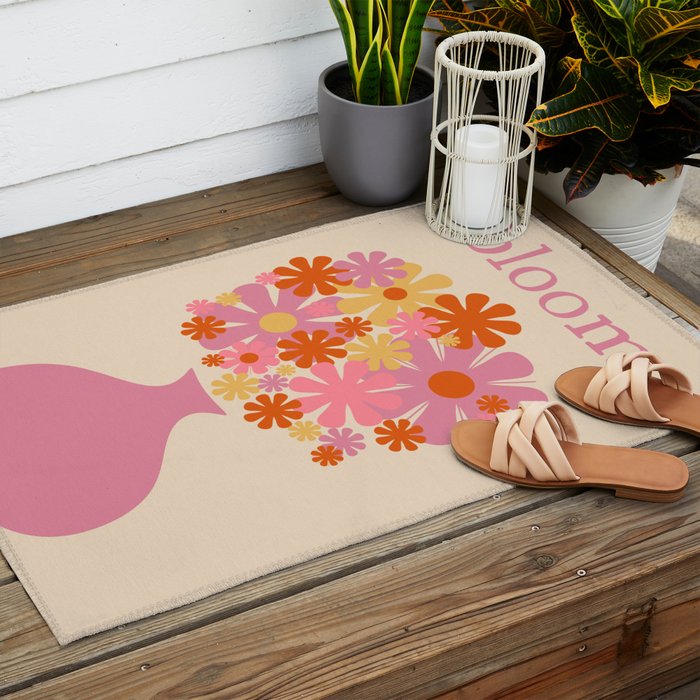 Bloom Retro Flowers in Vase Pink Orange Yellow Outdoor Rug Gallery Image 2