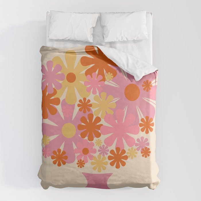 Bloom Retro Flowers in Vase Pink Orange Yellow Duvet Cover Gallery Image 1