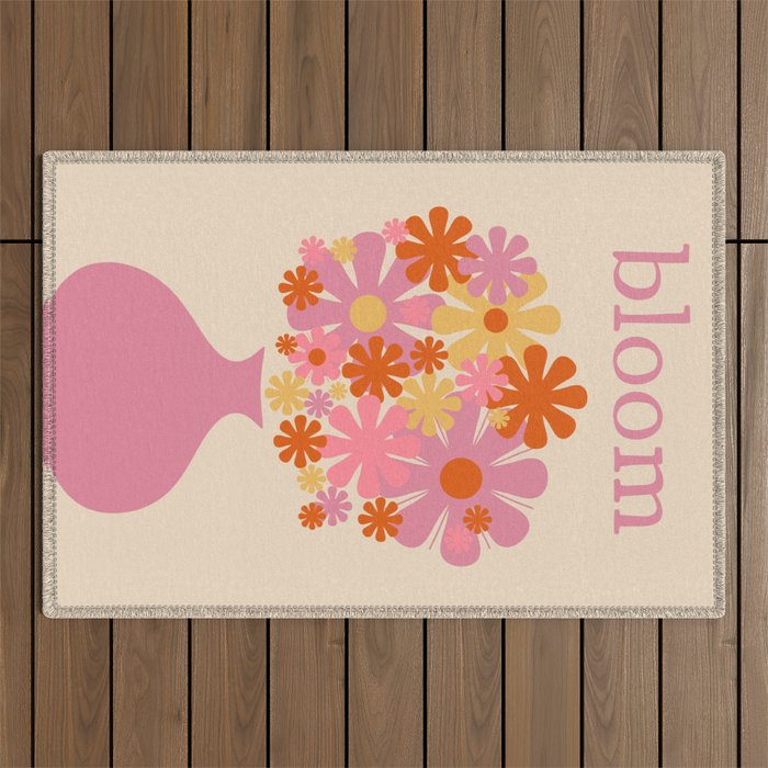 Bloom Retro Flowers in Vase Pink Orange Yellow Outdoor Rug Gallery Image 1