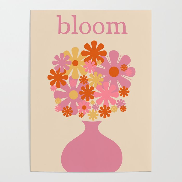 Bloom Retro Flowers in Vase Pink Orange Yellow Poster Gallery Image 4