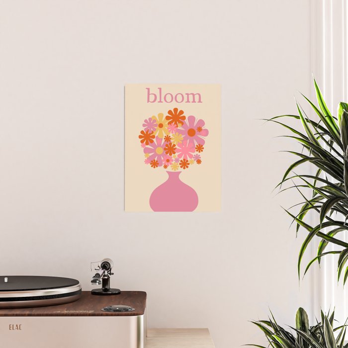 Bloom Retro Flowers in Vase Pink Orange Yellow Poster Gallery Image 2
