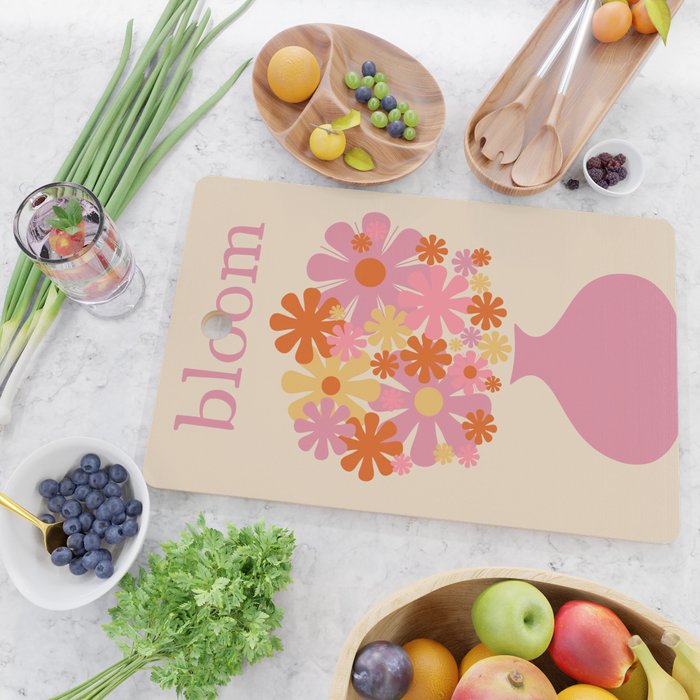 Bloom Retro Flowers in Vase Pink Orange Yellow Cutting Board Gallery Image 2