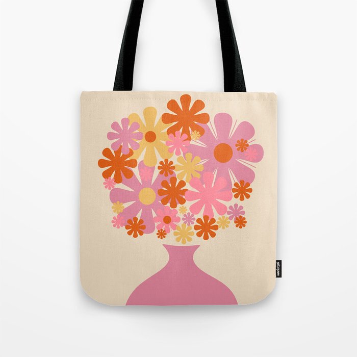 Bloom Retro Flowers in Vase Pink Orange Yellow Tote Bag Gallery Image 1