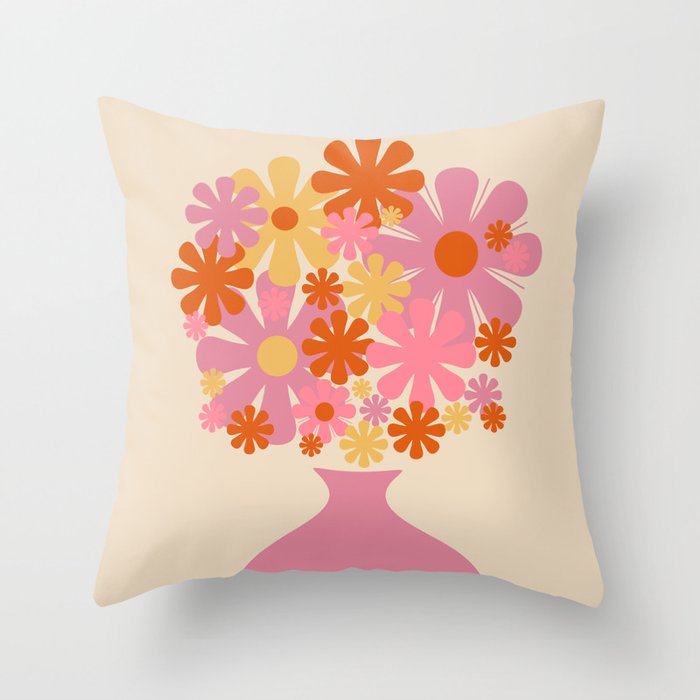 Bloom Retro Flowers in Vase Pink Orange Yellow Throw Pillow Gallery Image 6