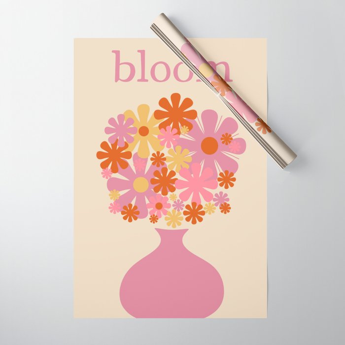 Bloom Retro Flowers in Vase Pink Orange Yellow Wrapping Paper Gallery Image 1