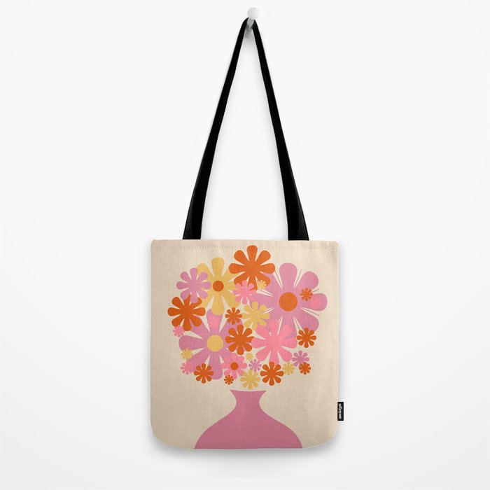 Bloom Retro Flowers in Vase Pink Orange Yellow Tote Bag Gallery Image 2