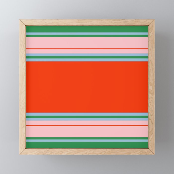 Wide and Thin Stripes Minimal Color Block Pattern in Bold Red Orange, Light Pink, Light Blue, and Green Mini Art Print Gallery Image 1