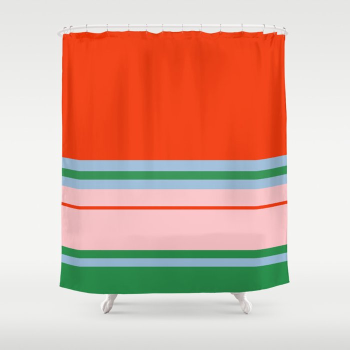 Wide and Thin Stripes Minimal Color Block Pattern in Bold Red Orange, Light Pink, Light Blue, and Green Shower Curtain Gallery Image 1