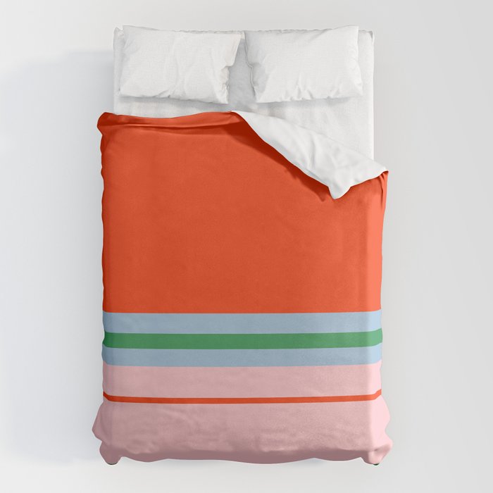 Wide and Thin Stripes Minimal Color Block Pattern in Bold Red Orange, Light Pink, Light Blue, and Green Duvet Cover Gallery Image 6