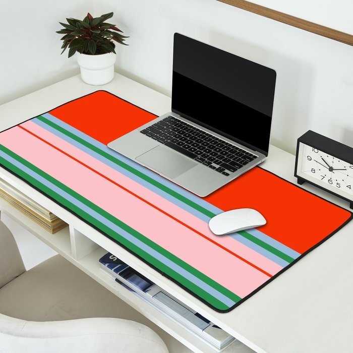 Wide and Thin Stripes Minimal Color Block Pattern in Bold Red Orange, Light Pink, Light Blue, and Green Desk Mat Gallery Image 2